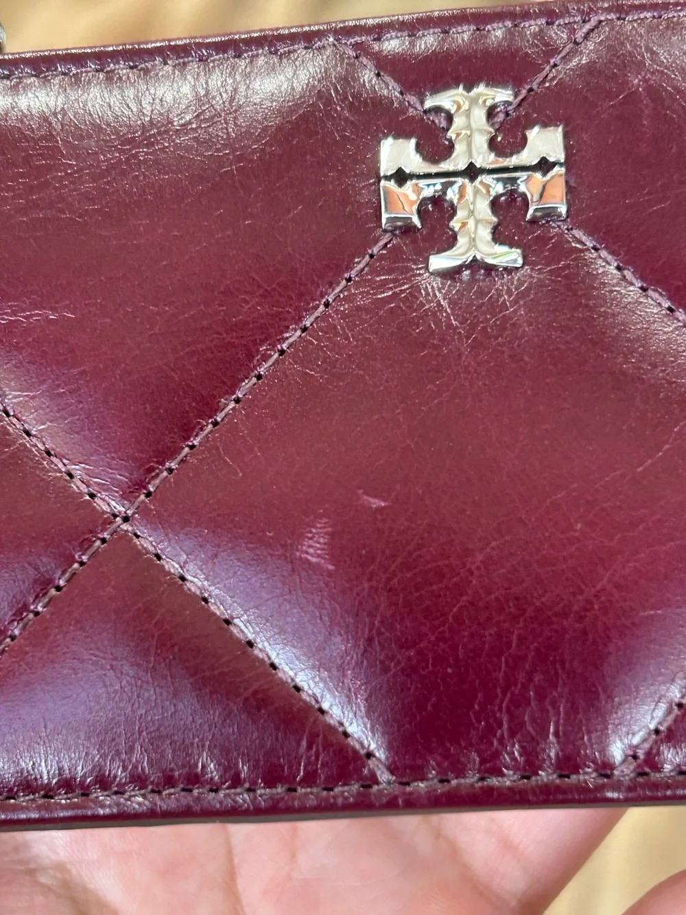 Tory Burch Kira Diamond Quilt Zip Card Case in Dark Carmine